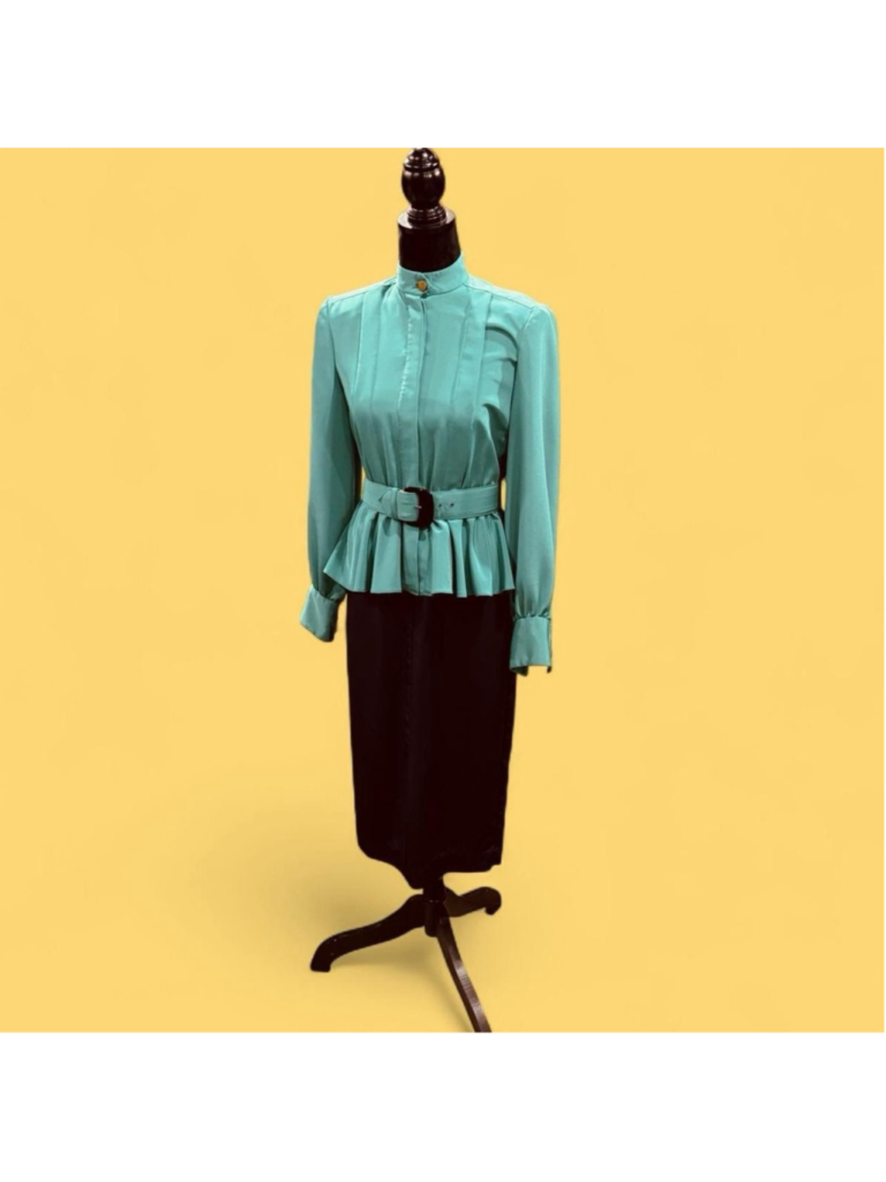 California Girl Vintage 1970s Teal Belted Peplum Secretary Midi Dress USA Size 4